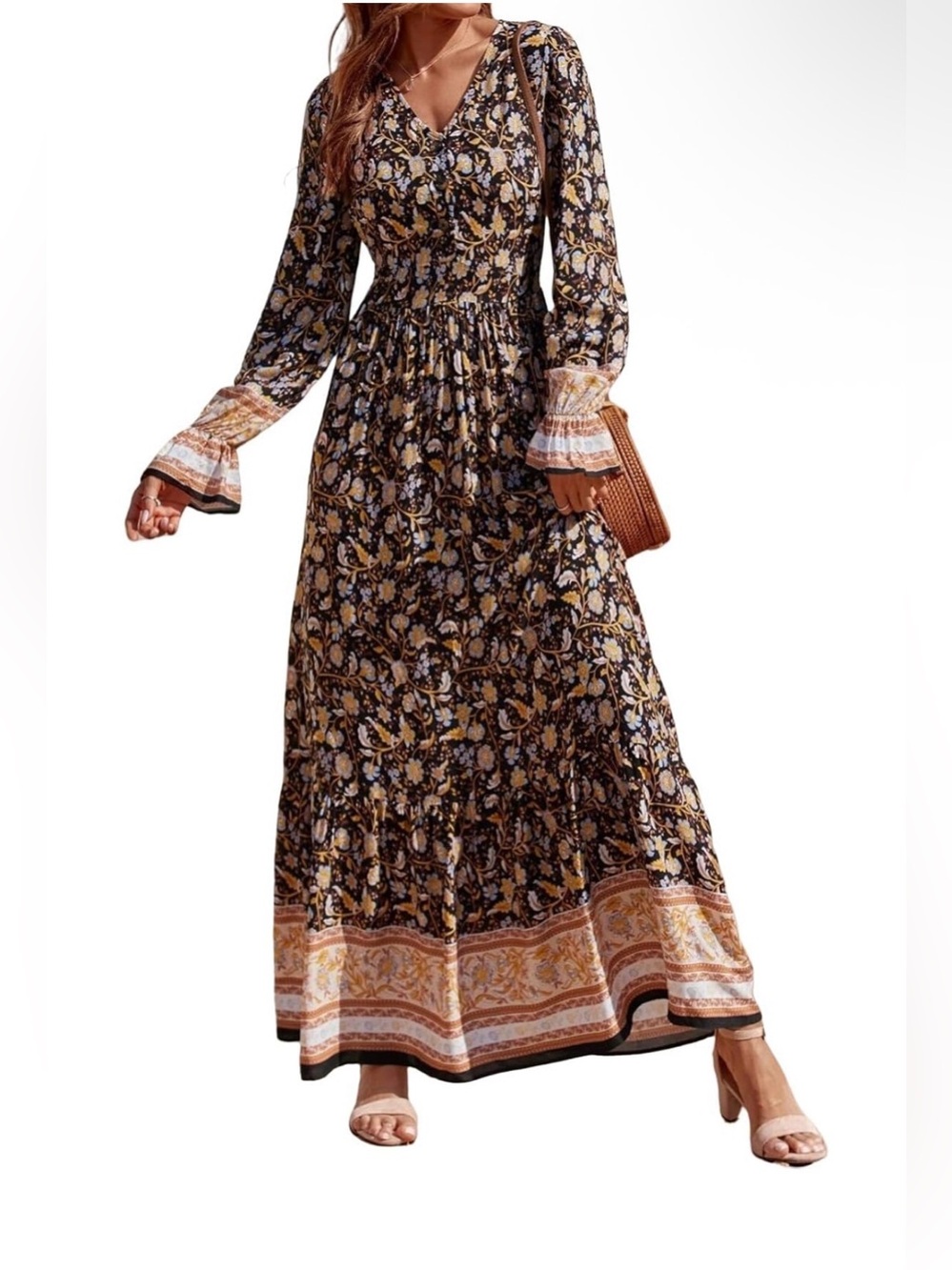 A144 Bohemian Floral Long Sleeve Maxi V neck Dress in Black & Tan NWT - Picture 4 of 4